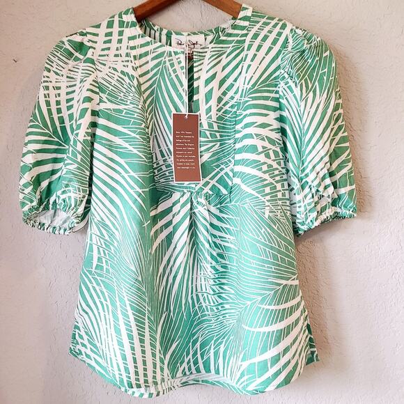 Panama Jack Womens XS Green White Palm Front Tropical Print Linen Blouse Botanic - Picture 1 of 8